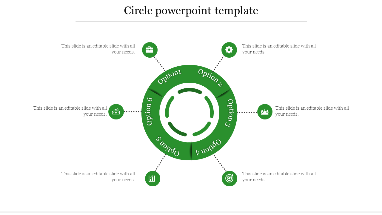 Green circle PPT slide with options arranged around a central circle, each labeled Option 1 through Option 6 and icons.