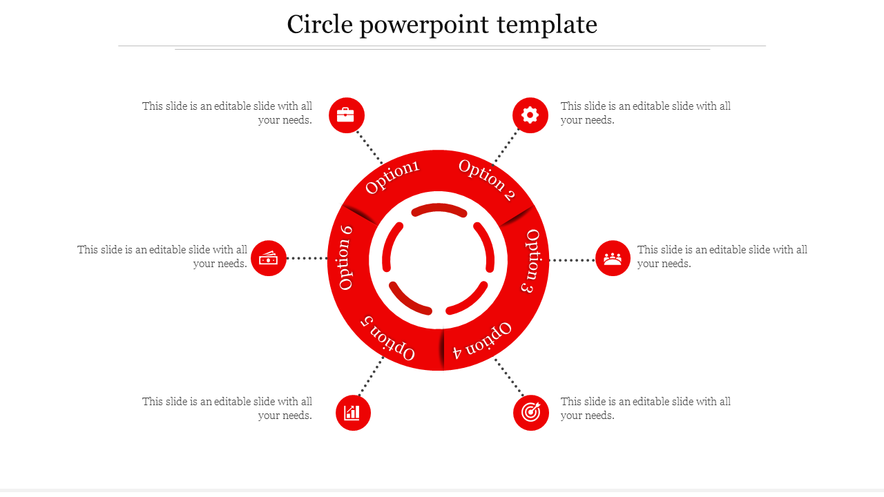 Red circle PPT slide with options arranged around a central circle, each labeled Option 1 through Option 6 and icons.