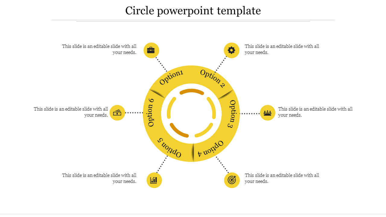 Circular yellow diagram with six labeled options, each connected to the center by a dotted line.