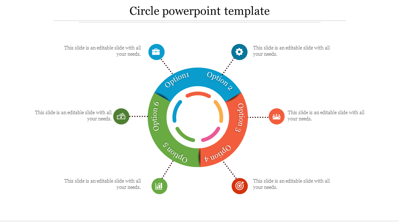 Six part circular infographic template with options labeled 1 to 6, each connected to an icon and text.