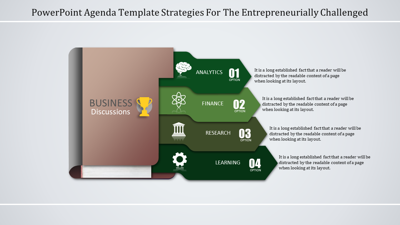 Business agenda slide with icons and green tabs for analytics, finance, research, and learning, aligned next to a notebook.