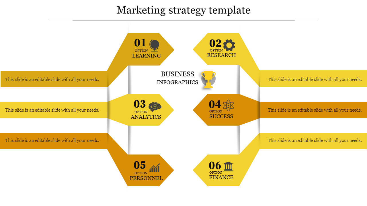 Yellow arrow layout with six sections, each labeled with an option and an icon, leading into business infographics.