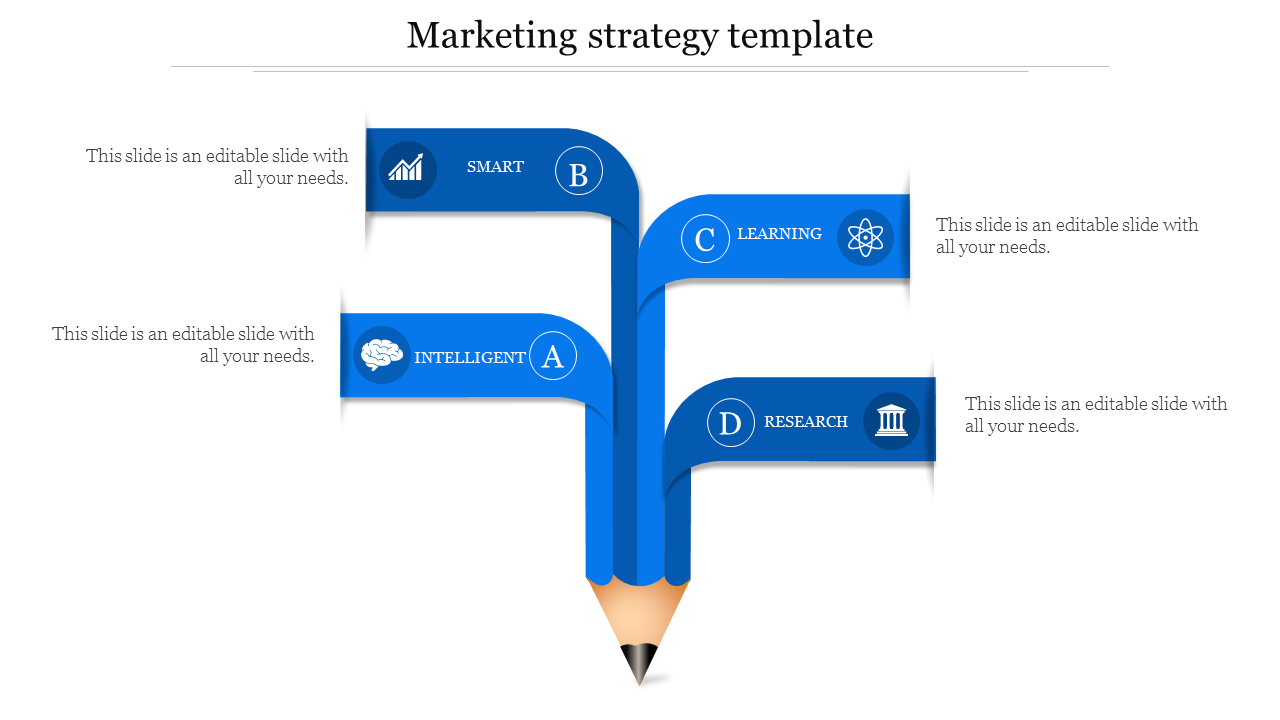 Marketing strategy PPT slide with four options from Smart to Research, each with blue icons and arranged in a pencil flow.