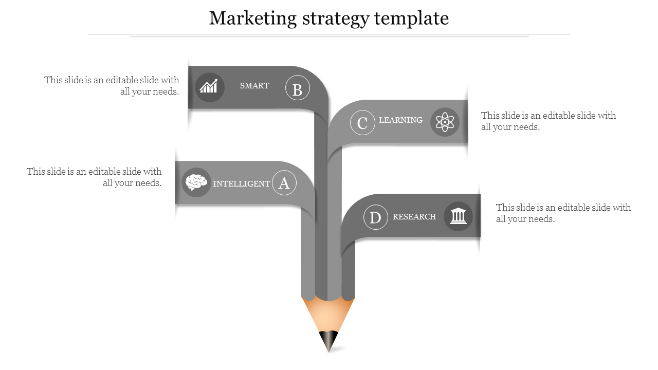 Gray funnel design with four sections labeled with different topics, connected to a pencil icon.