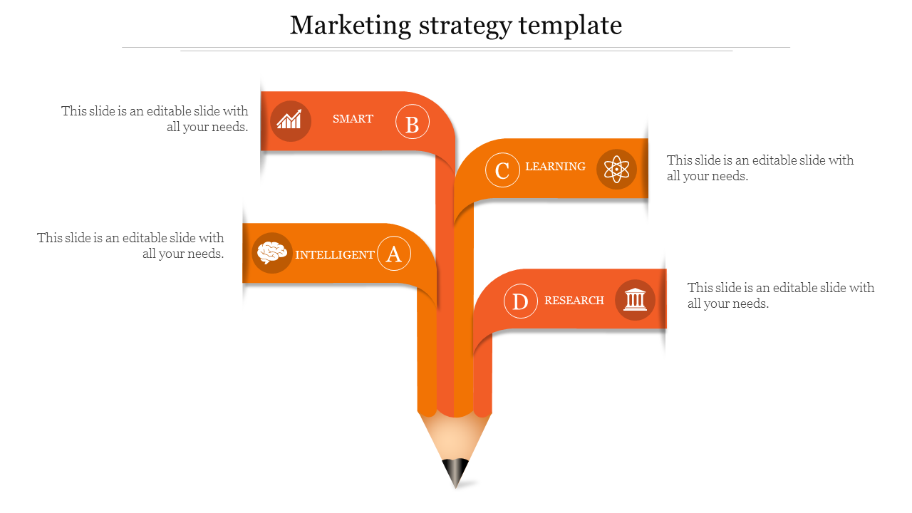 Marketing strategy PPT slide showing four options from Smart to Research, each with icons and orange pencil shaped flow.