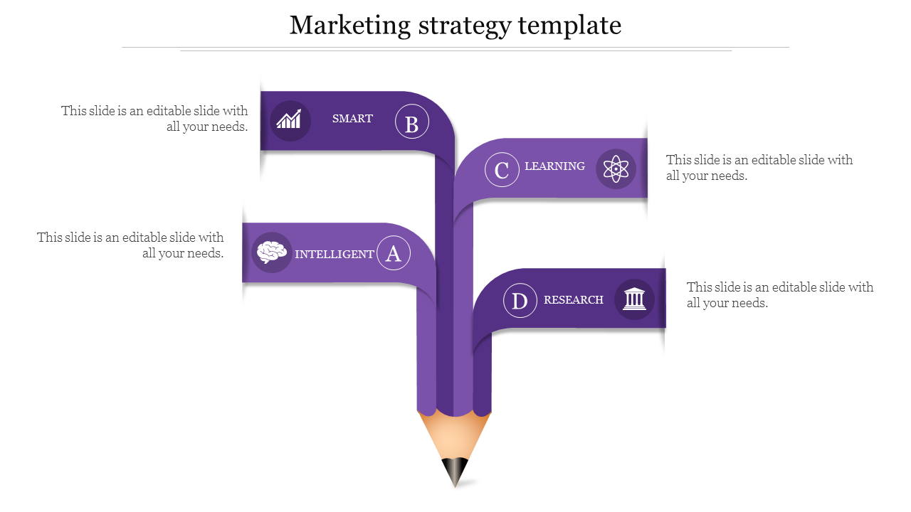 Marketing strategy template with four purple sections connected to a pencil, each labeled with an icon and text.