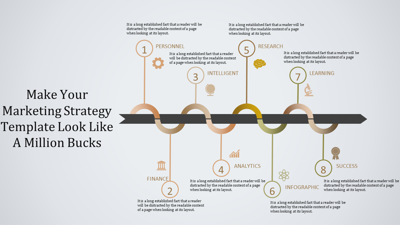 Marketing strategy infographic with a horizontal timeline, eight labeled node, and icons like gears, graphs, and microscopes.