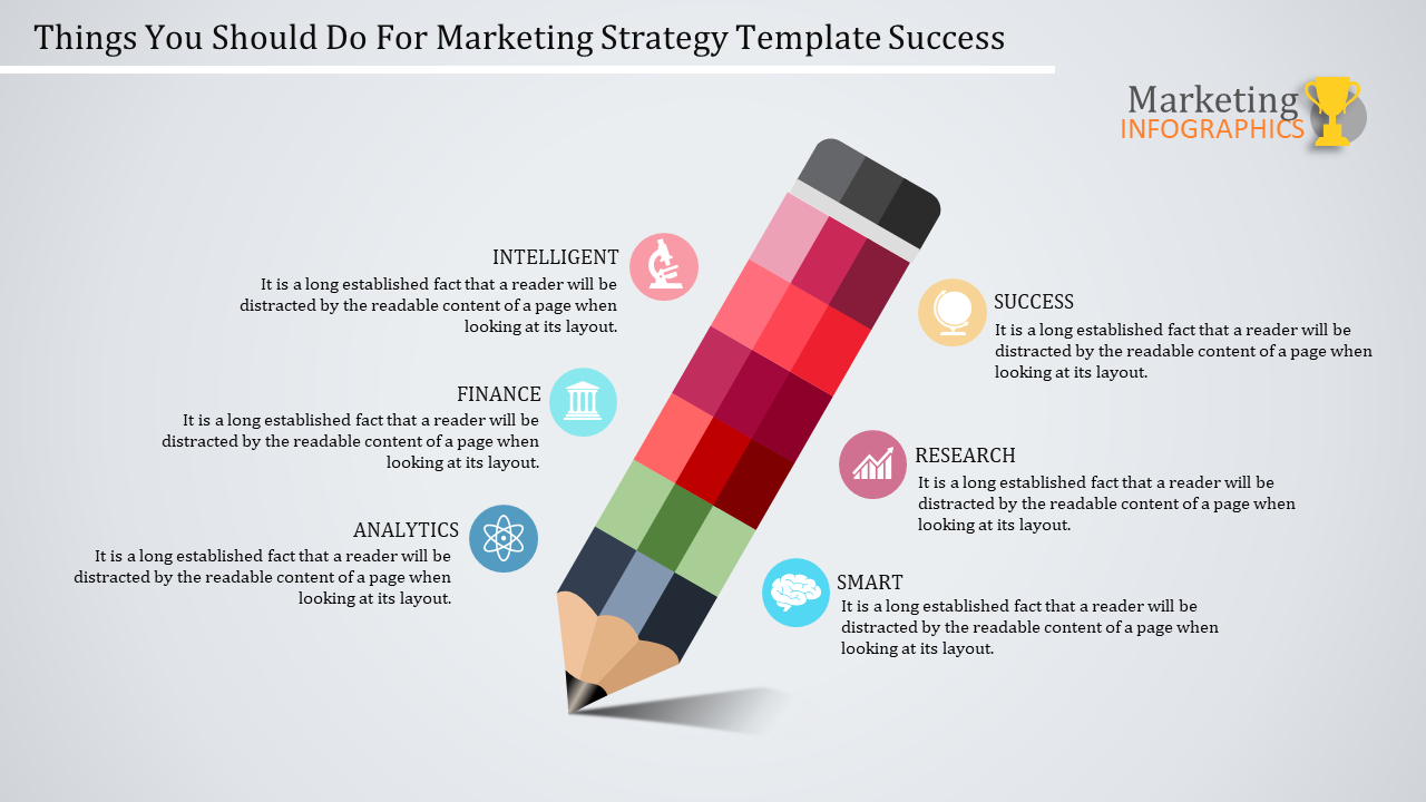 Marketing strategy PowerPoint template with a pencil illustration representing five elements with icons and placeholder text.