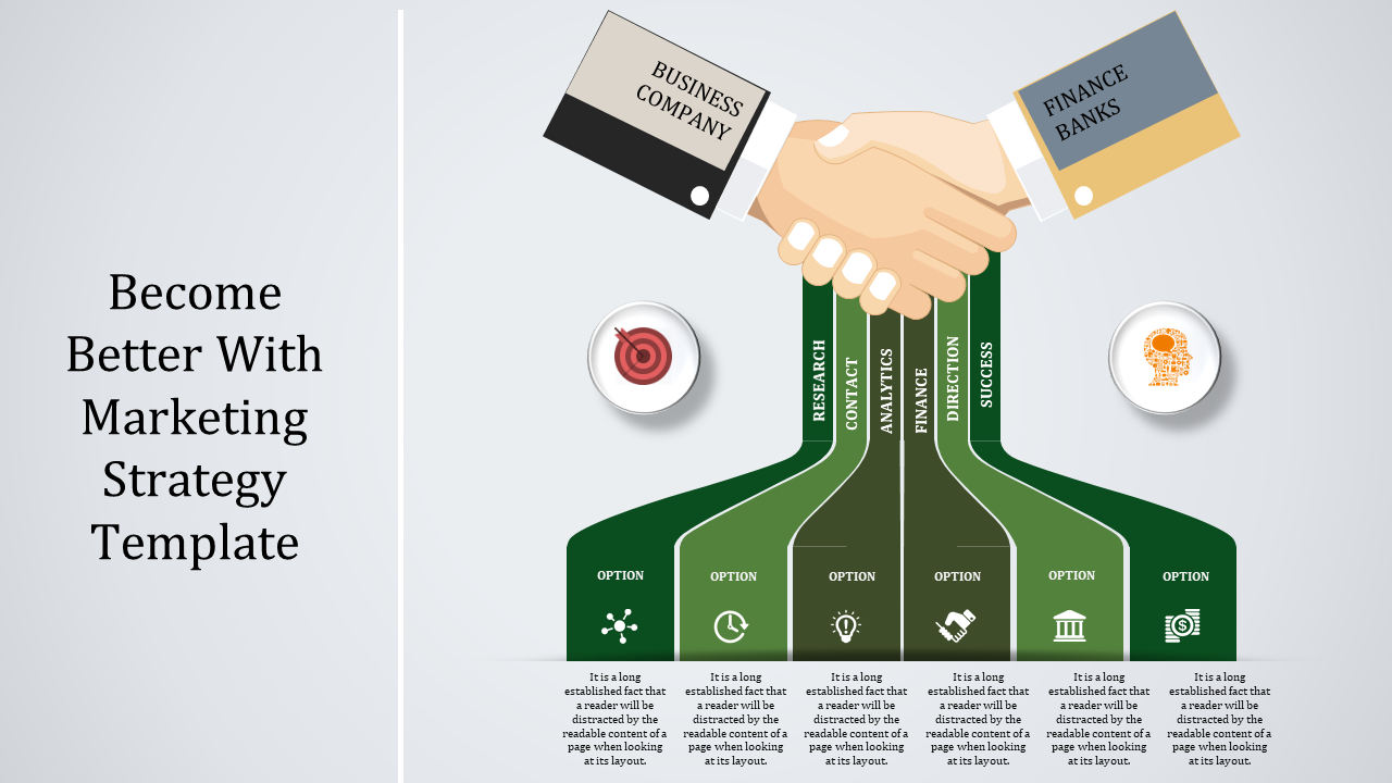 Handshake graphic between business and finance, with a flowchart below showing six marketing strategy options in green.