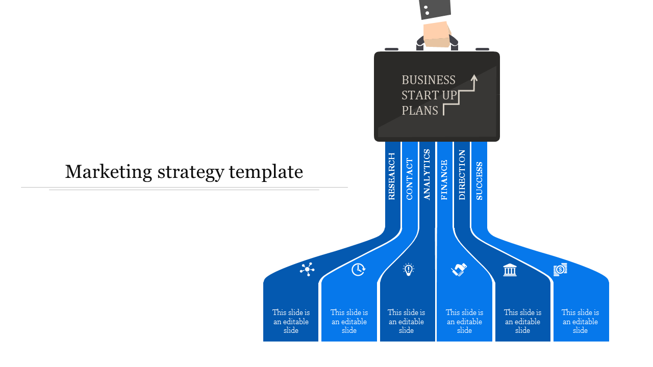 Black briefcase icon held by a hand, with blue pathways extending below representing various marketing strategy steps.