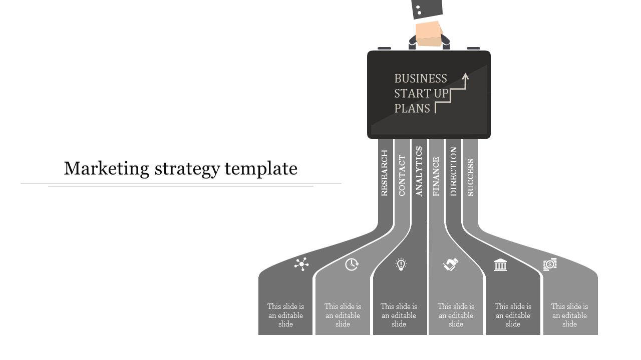 Marketing strategy slide with a business briefcase at the top and six sections below with grey icons and placeholder text.