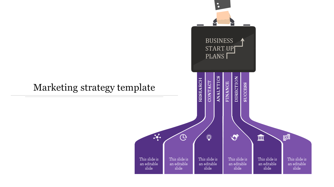 Marketing strategy slide with a business briefcase at the top and six sections below with purple icons and placeholder text.