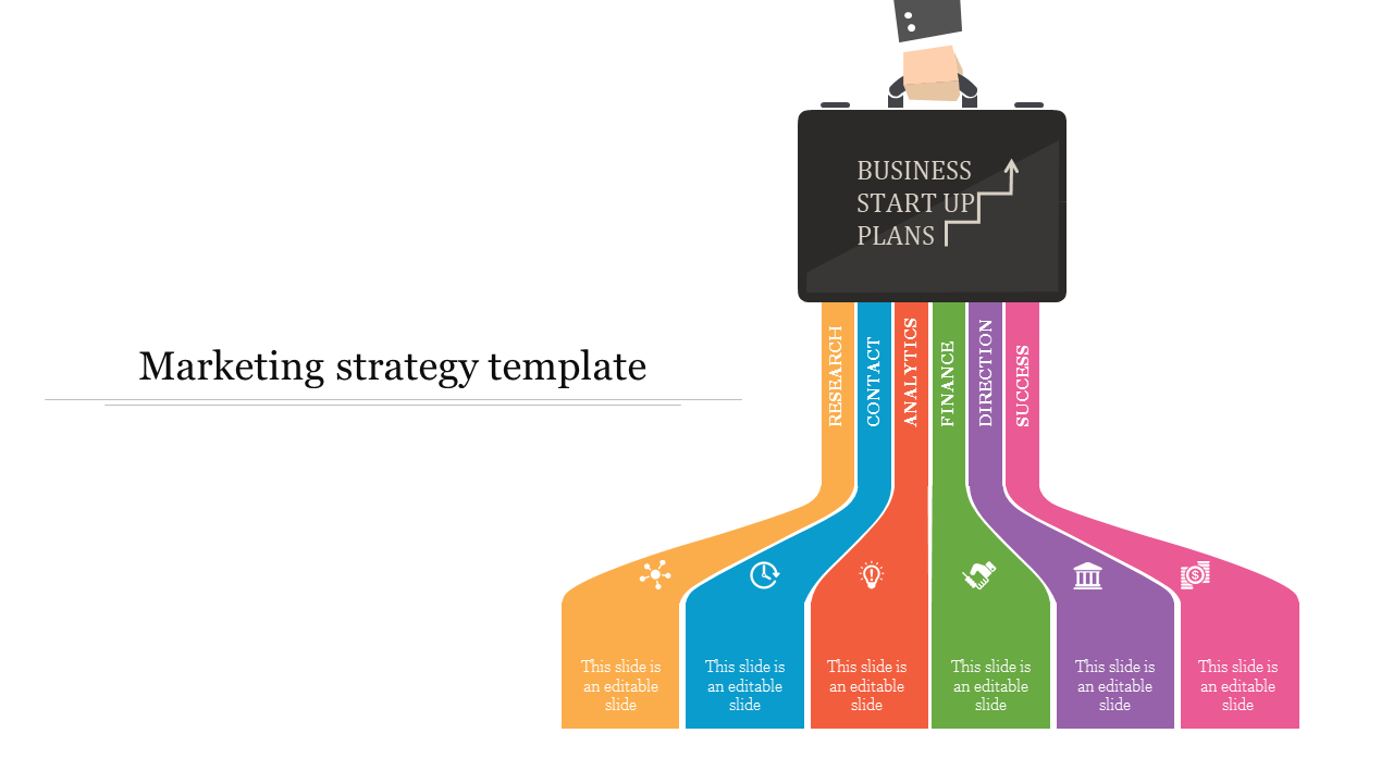 Marketing strategy slide showing a funnel diagram with business startup plans and key categories with icons and text area.