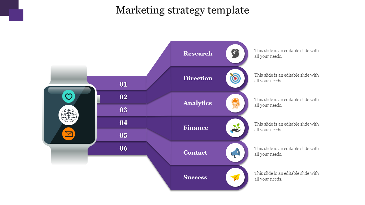 Marketing strategy slide with a smartwatch icon on the left and six stages of a strategy on a purple theme with text area.