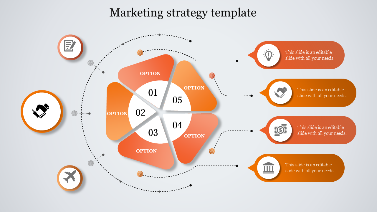 Marketing strategy chart with a pentagon-shaped design, segmented into five parts, each linked to icons and placeholder text.