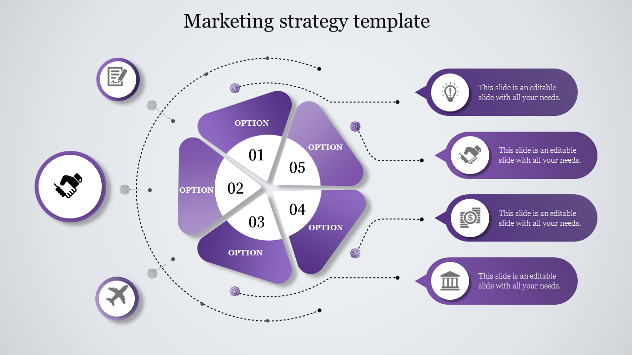 Marketing strategy PPT template with five purple options and icons representing different concepts with placeholder text.