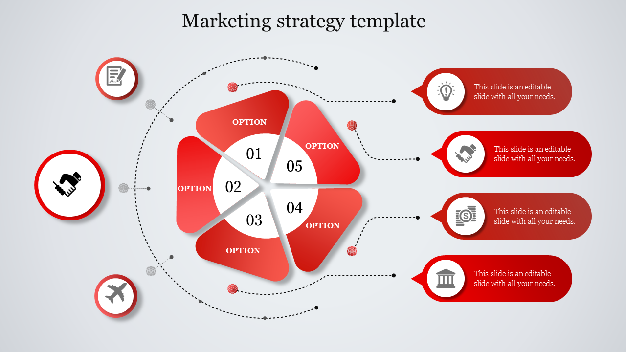 Red toned marketing template featuring five segmented central diagram, and caption boxes linked by dotted arrows.