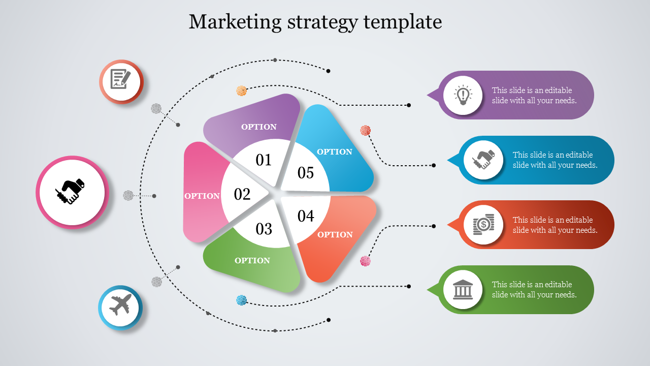 Marketing strategy slide with five options represented in colorful segments, each associated with different icons.