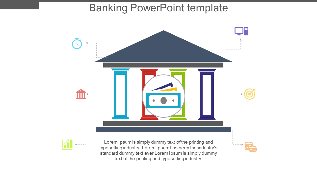 Banking template featuring a bank building with colorful pillars and icons for time, target, growth, and coins.