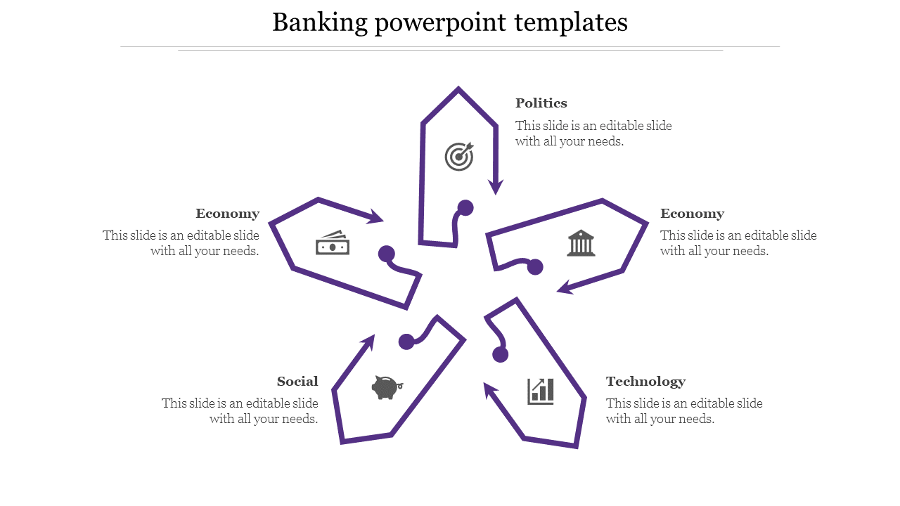 Banking template featuring interconnected pentagonal shapes with arrows, icons, and labels for different sectors.