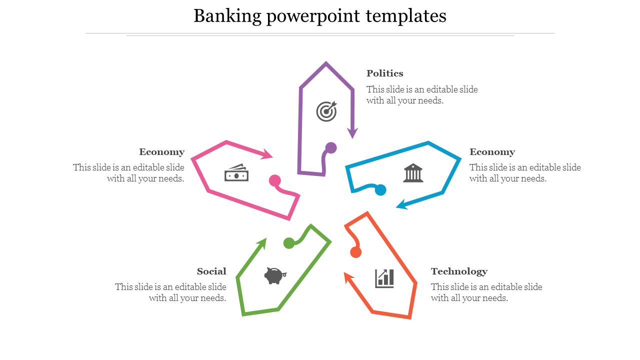 Banking template featuring multicolored pentagons, each containing icons and captions for various sectors.