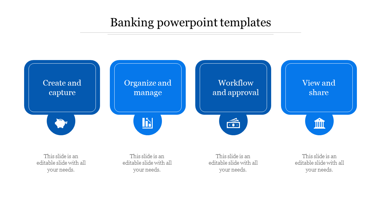 Four rounded rectangular shapes in blue, each with an icon below, arranged horizontally, depicting banking concepts.