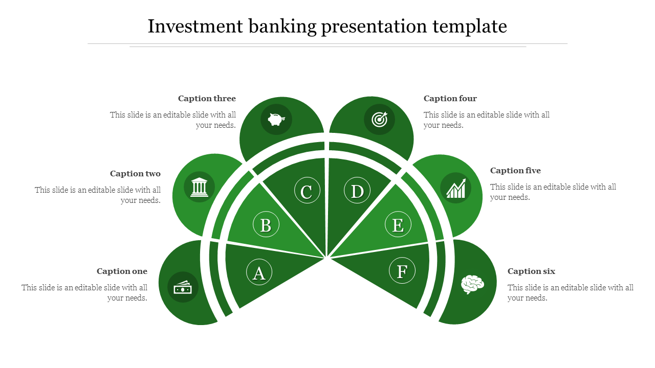 Green semi-circular diagram with six sections mentioned A to F, each with icons and captions.