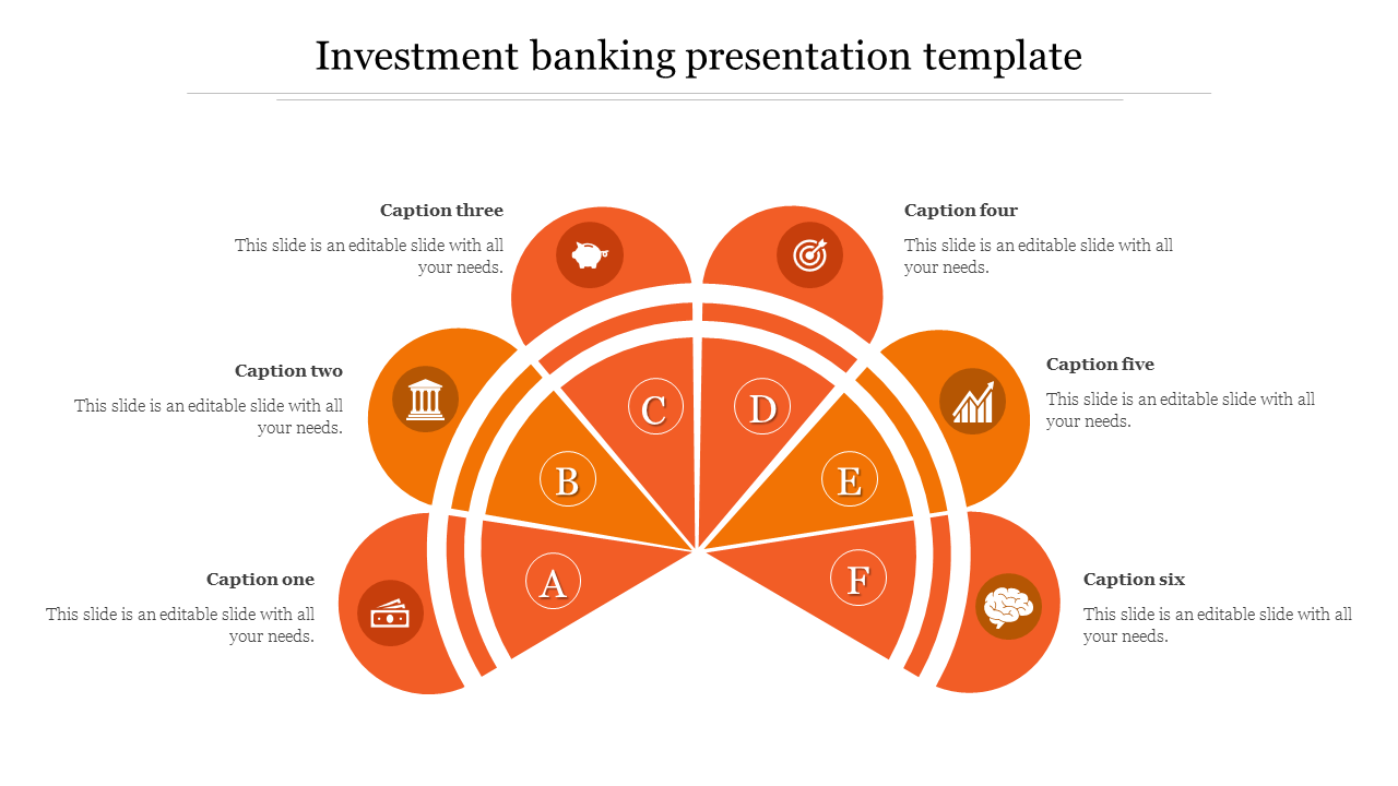 Orange semi-circle with six segments labeled A to F, each connected to circular icons on the outer ring.