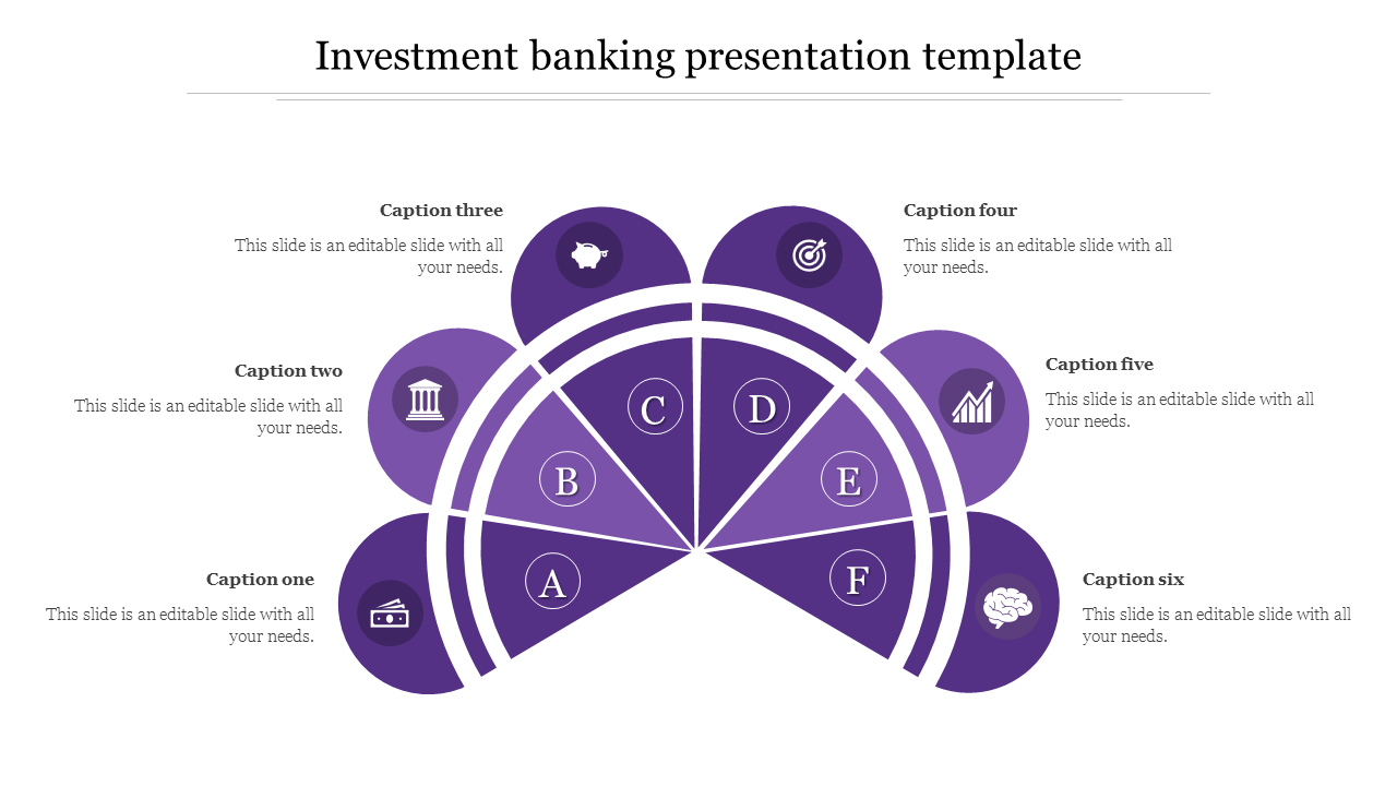 Investment banking template with a semi-circular purple diagram divided into six segments, each with caption areas.