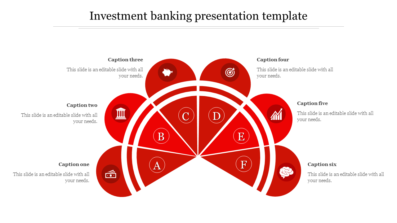 Investment banking template with a semi-circular diagram featuring six labeled sections with icons and caption areas.