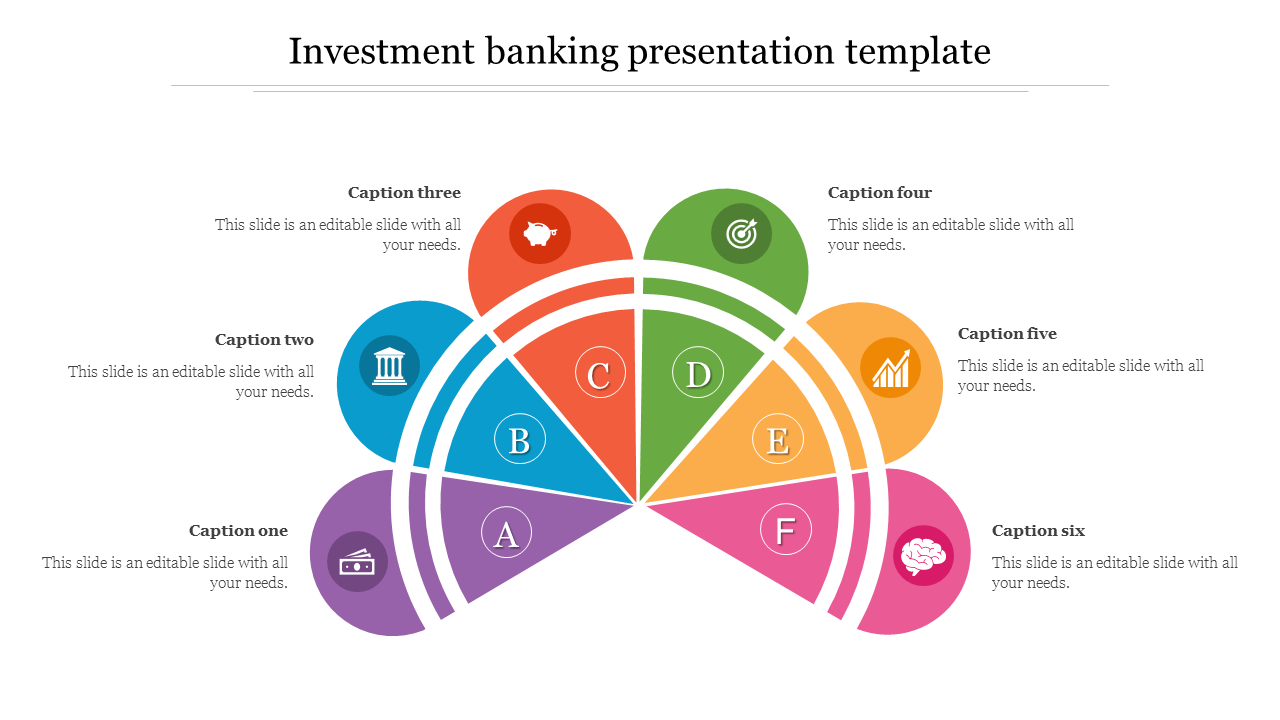 Investment banking slide with a fan-shaped diagram, showing icons from bank to brain each with placeholder text beside.