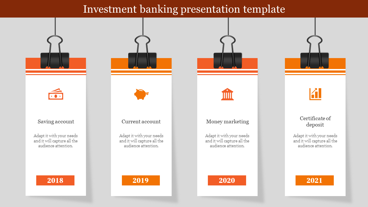 Investment banking slide showcasing savings, current accounts, money marketing, and deposit certificates from 2018 to 2021.