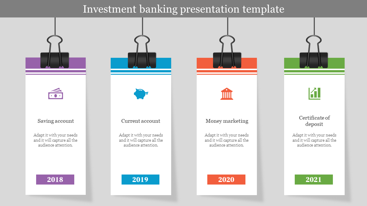 Four clipped cards in purple, blue, red, and green, labeled with banking services and years from 2018 to 2021.