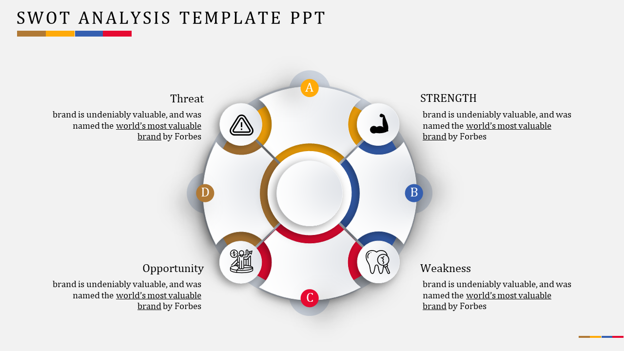 Minimalistic circular SWOT analysis slide with labeled quadrants and icons representing key areas.