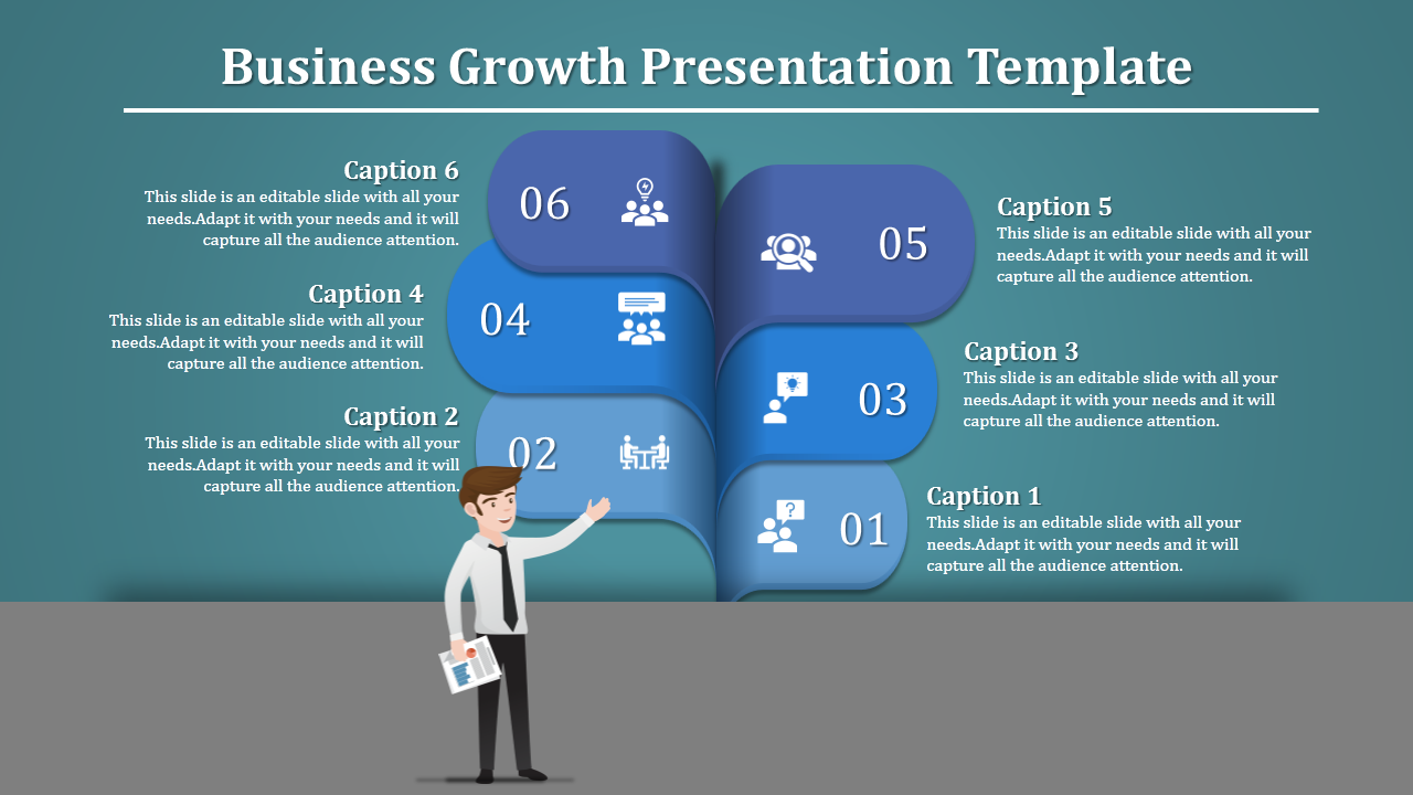 Slide design for business growth with six steps and icons, accompanied by captions and a character illustration on the left.