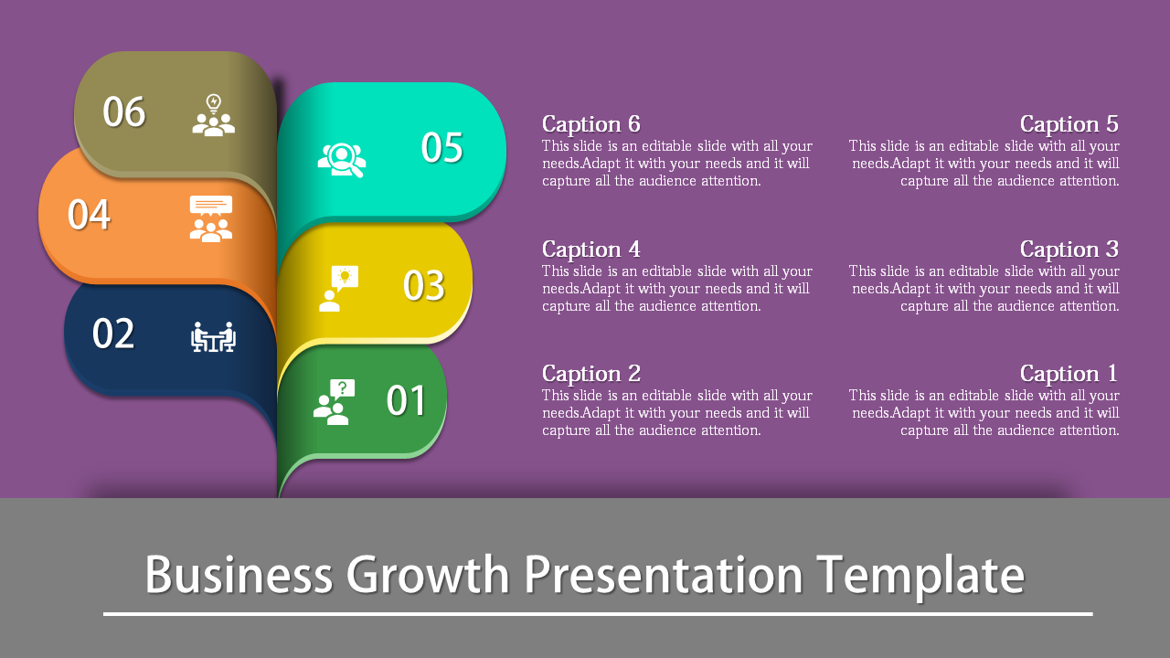 Design for business growth presentations, with a vibrant purple background and six sections for icons and caption areas.