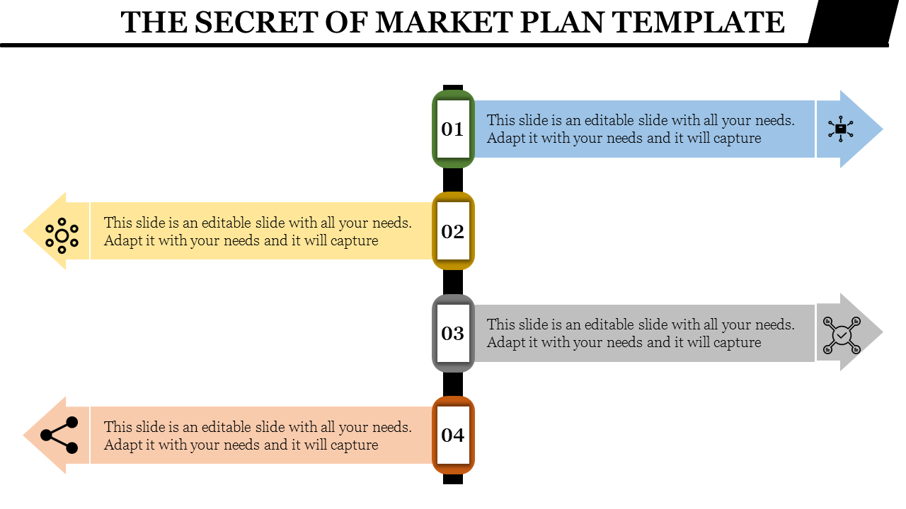 Market plan slide with four numbered steps in a vertical line featuring arrows in blue, yellow, gray, and orange.