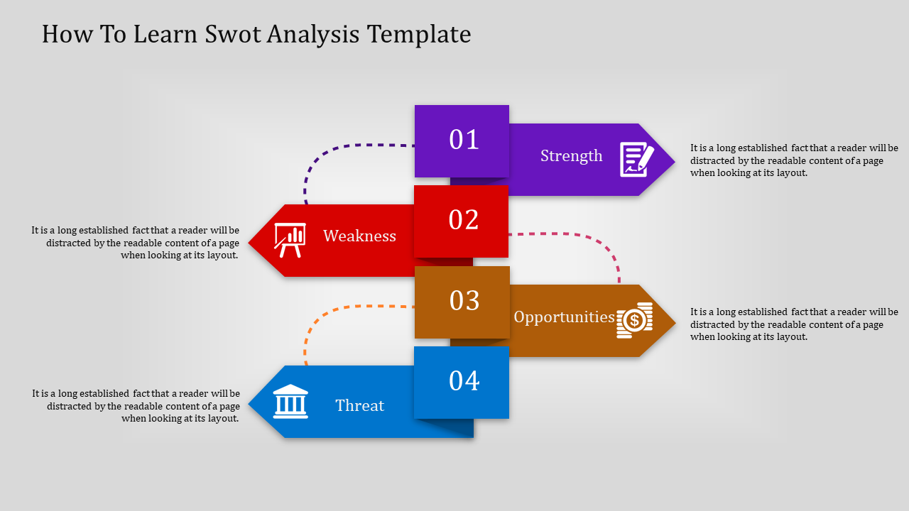 SWOT analysis template with four colored arrows representing Strength, Weakness, Opportunities, and Threats with icons.