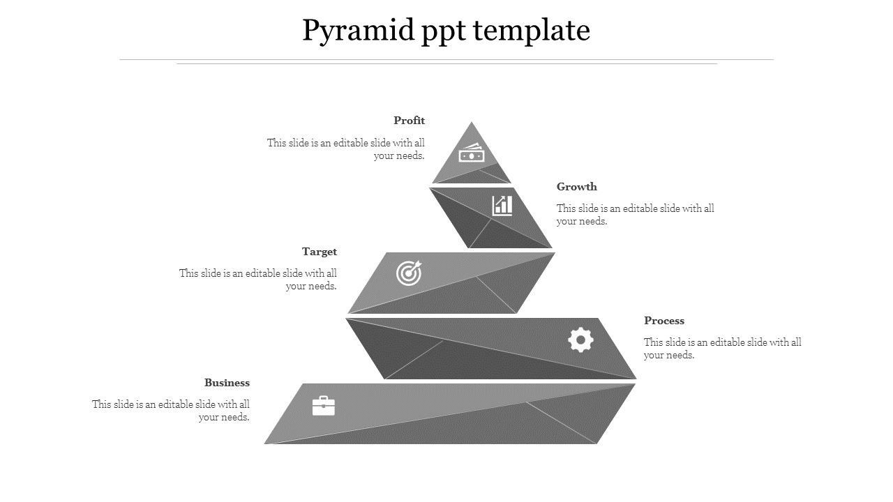 Grey pyramid PowerPoint template showcasing a hierarchical structure with five stages with icons and placeholder text.