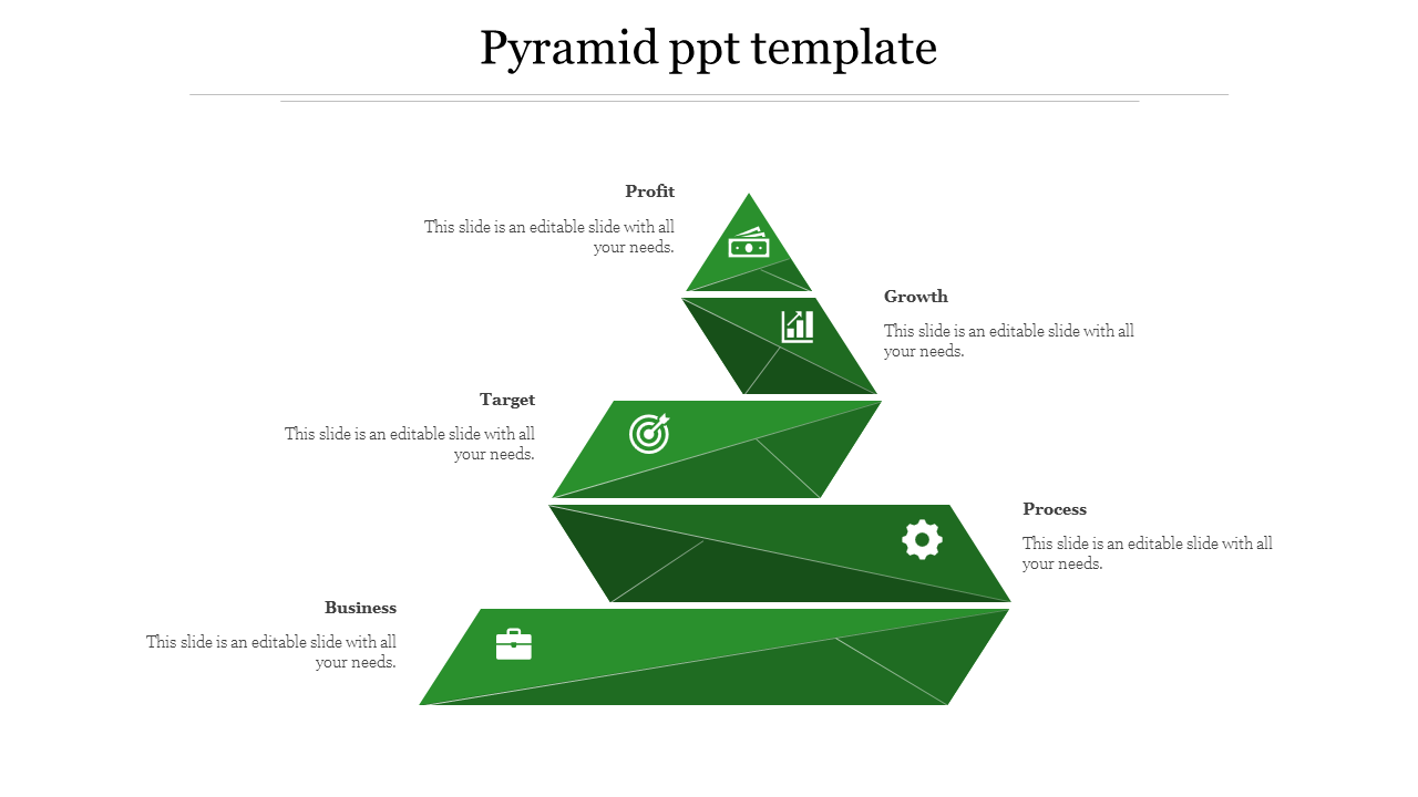 Geometric green pyramid with five labeled sections, each with icons representing different business concepts.