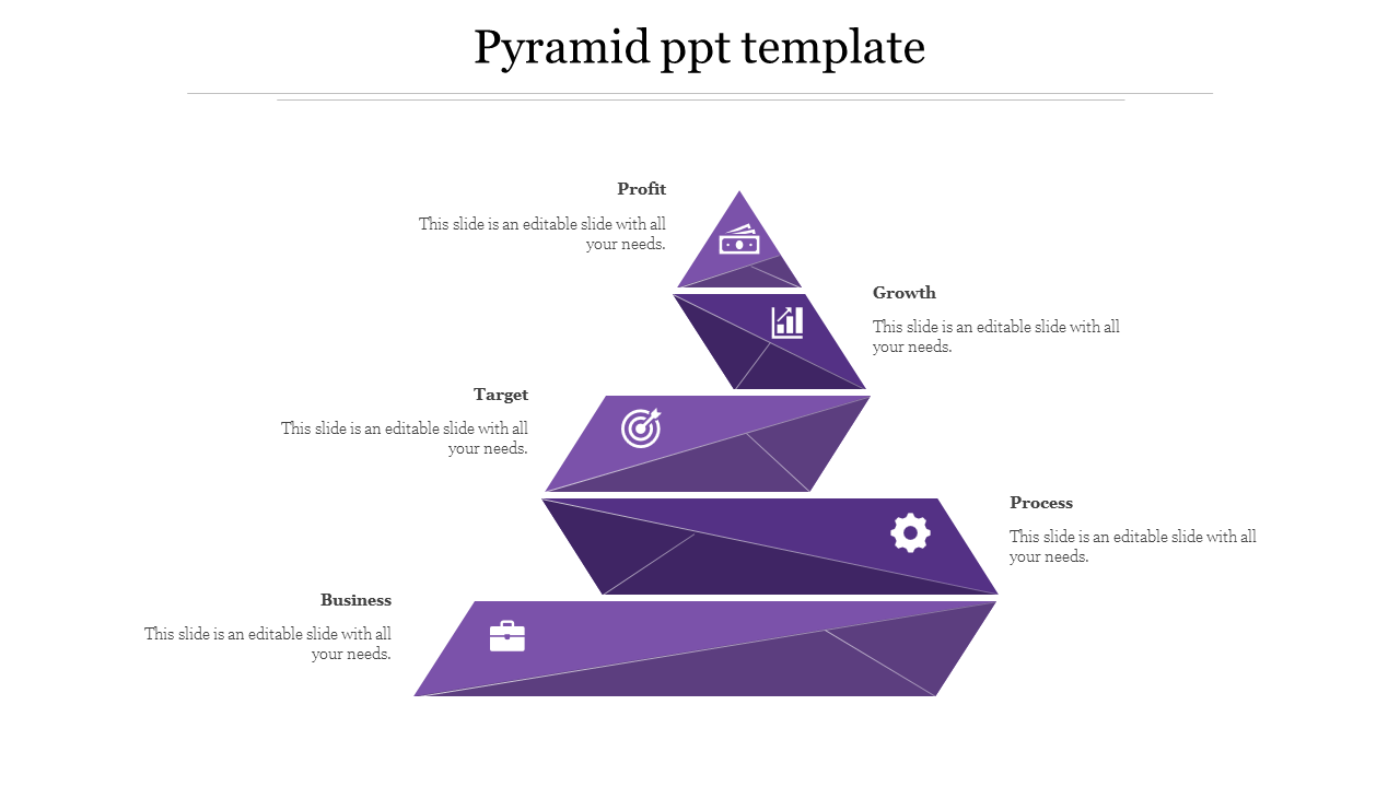 Purple pyramid PowerPoint template showcasing a hierarchical structure with five stages with icons and placeholder text.