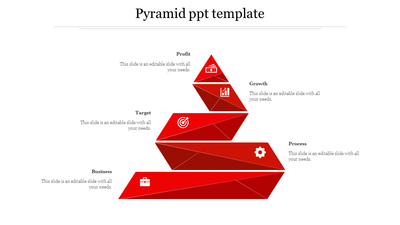 Structured red pyramid diagram with five business related labels, icons, and descriptions aligned on a white background.