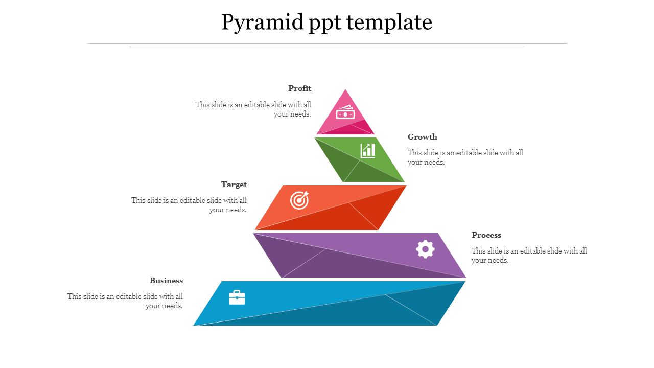 Five-step pyramid template displaying business, process, target, growth, and profit sections in a colorful hierarchy.