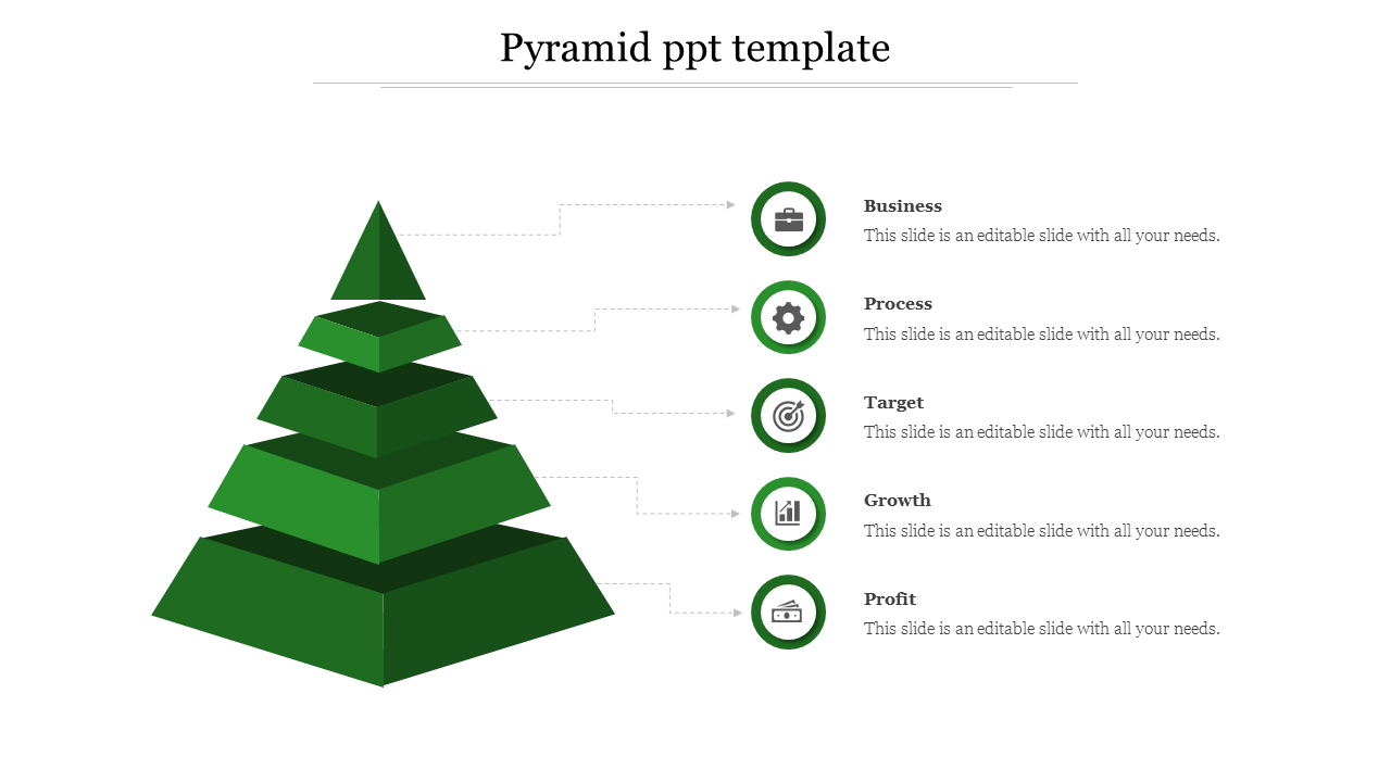 Pyramid model showcasing hierarchical levels, each connected to labeled sections with icons for business-related elements.