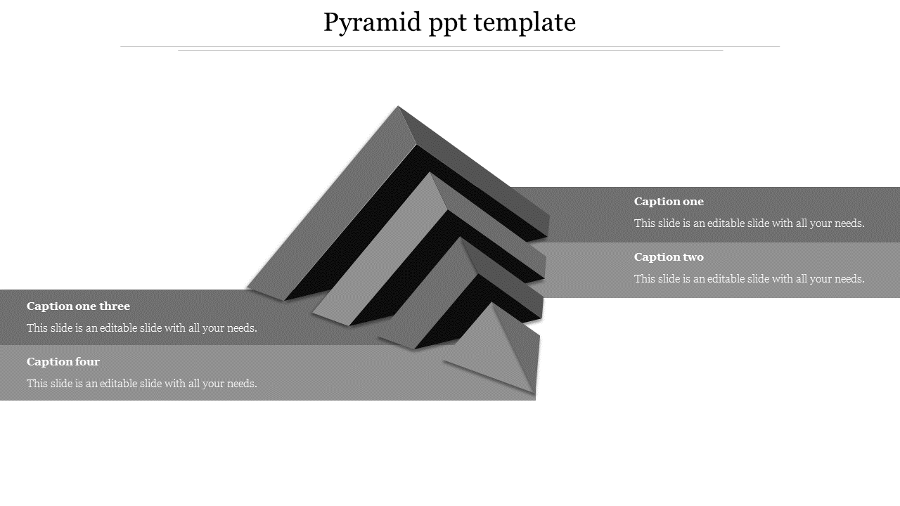 PowerPoint template with multi layered grey and black pyramid, accompanied by four caption sections.