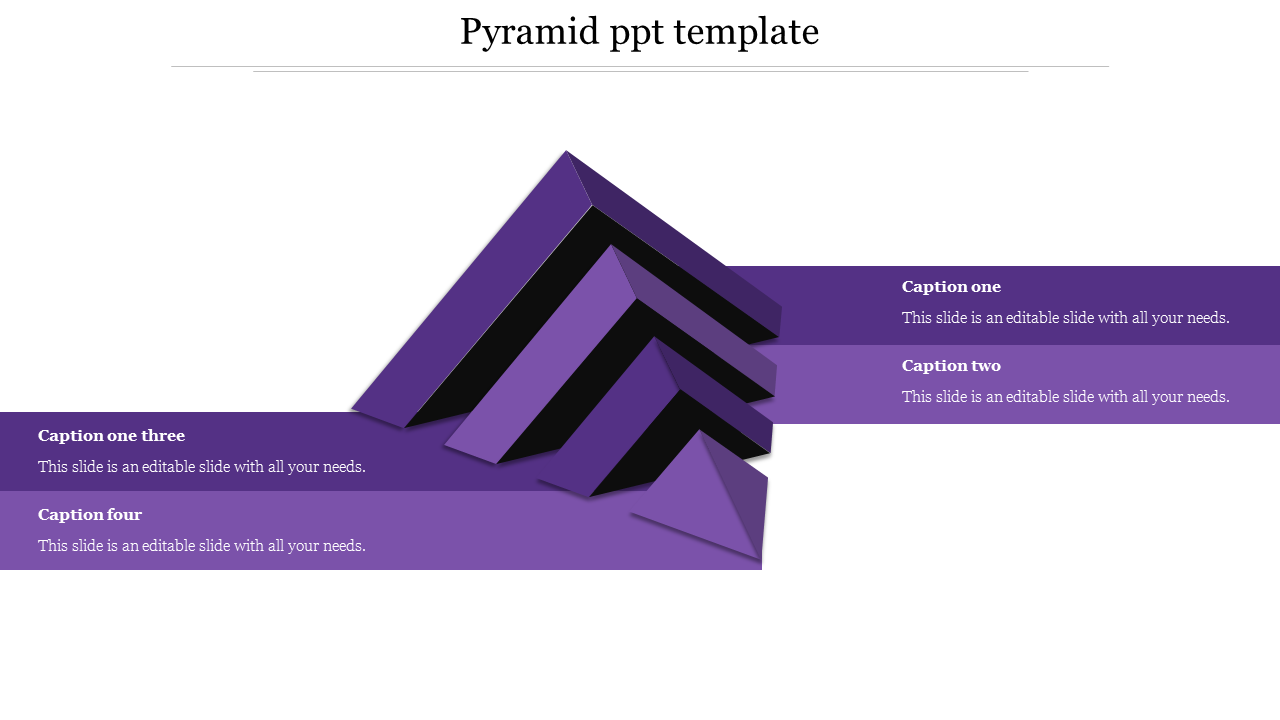 PowerPoint template with multi layered purple and black pyramid, accompanied by four caption sections.