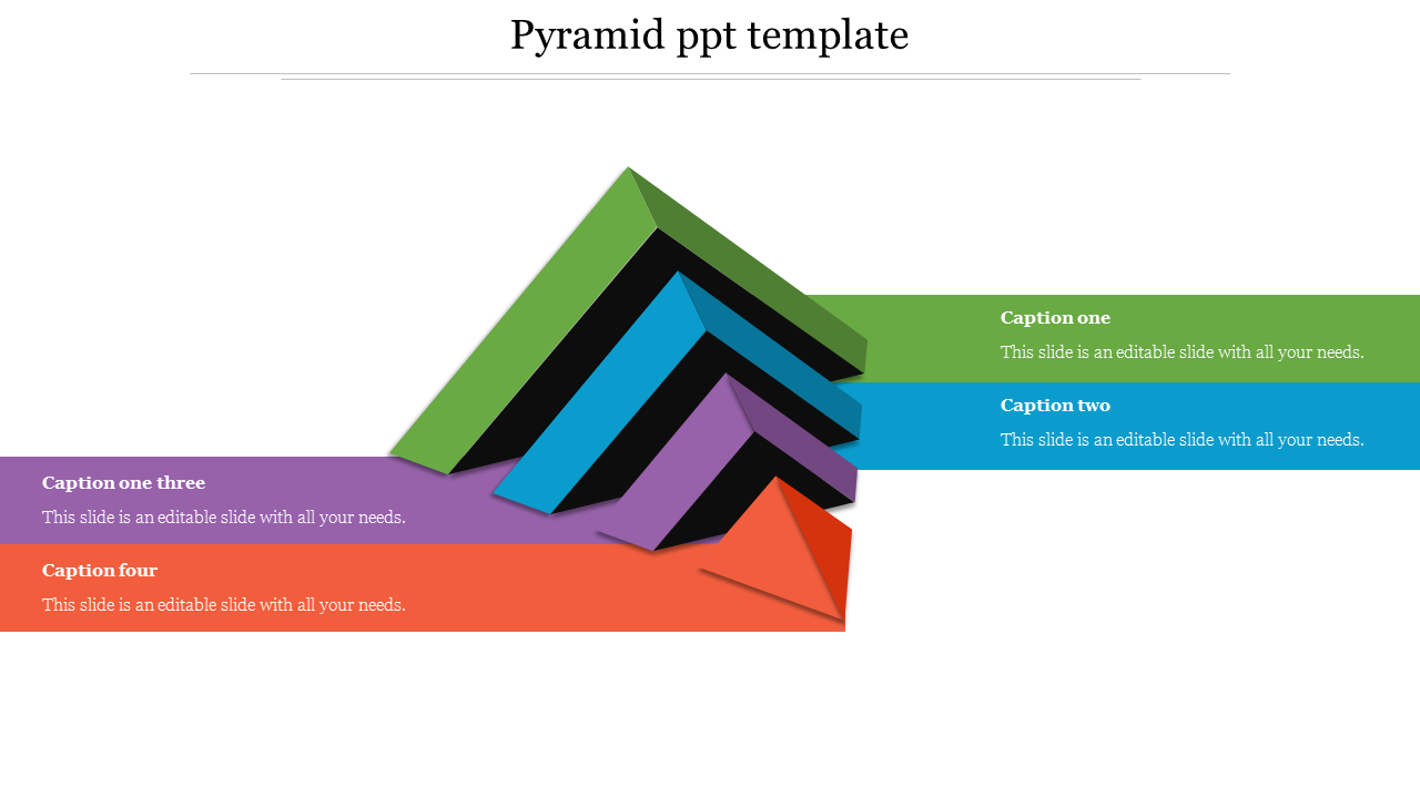 Pyramid diagram in PowerPoint template with four sections in different colors, each with a caption.