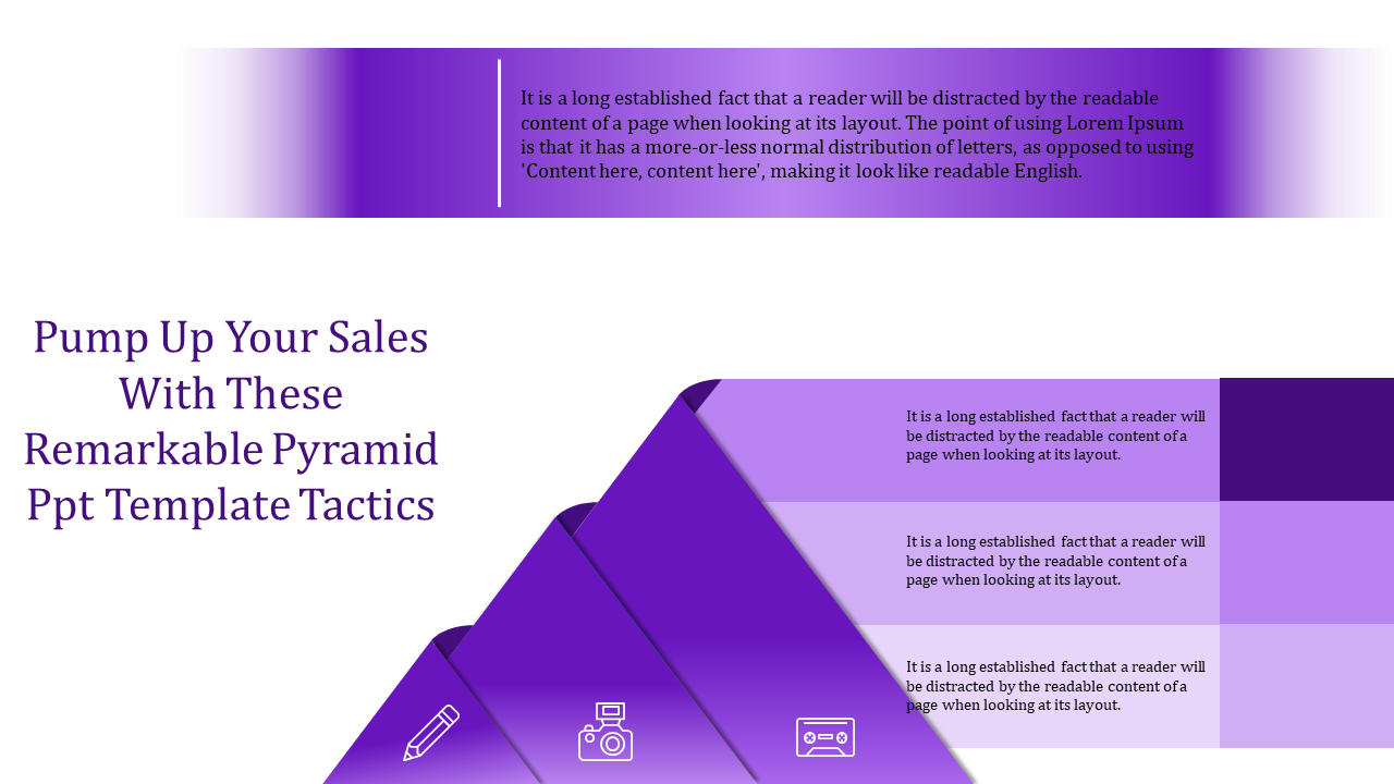 Purple gradient pyramid infographic with three layered sections, each containing icons and text for sales strategies.