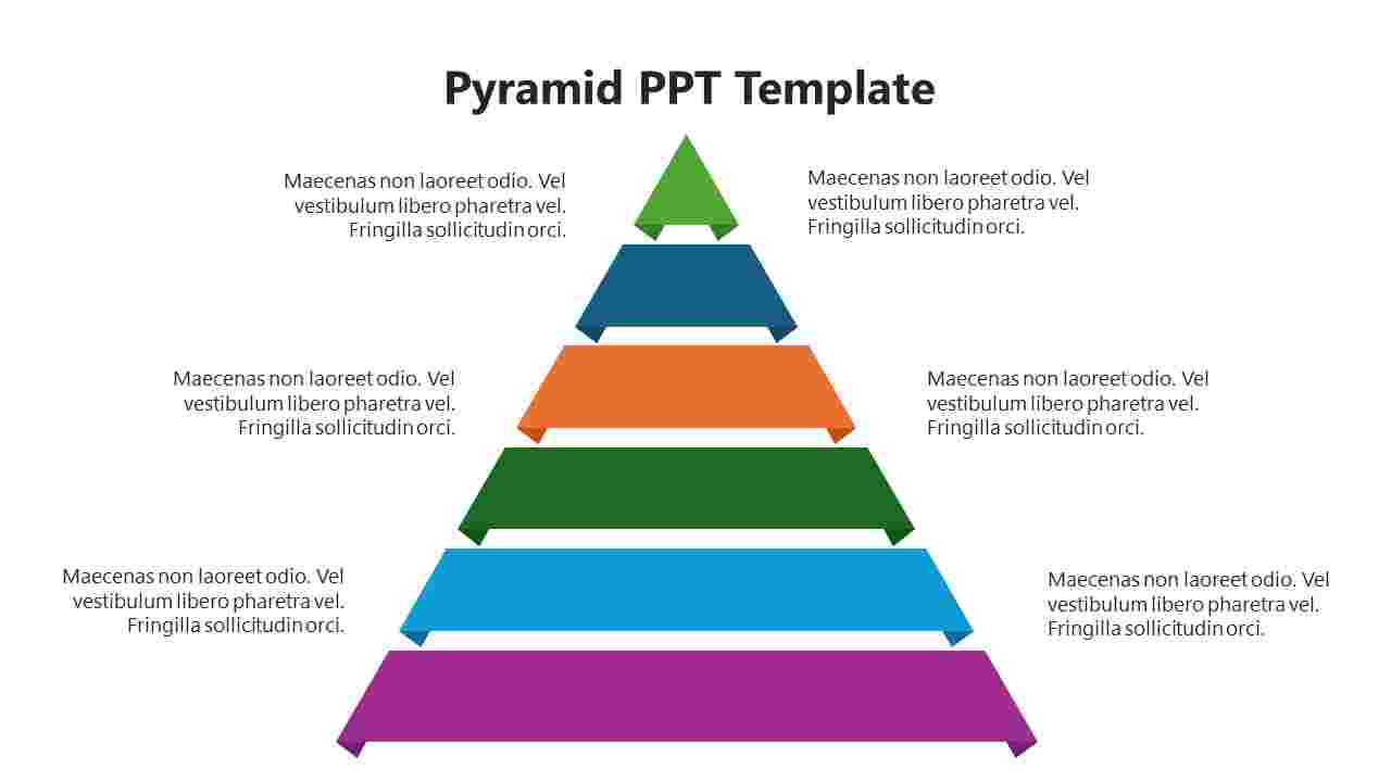 Six level pyramid in vibrant colors, arranged from green to purple, with descriptive text on either side of each layer.