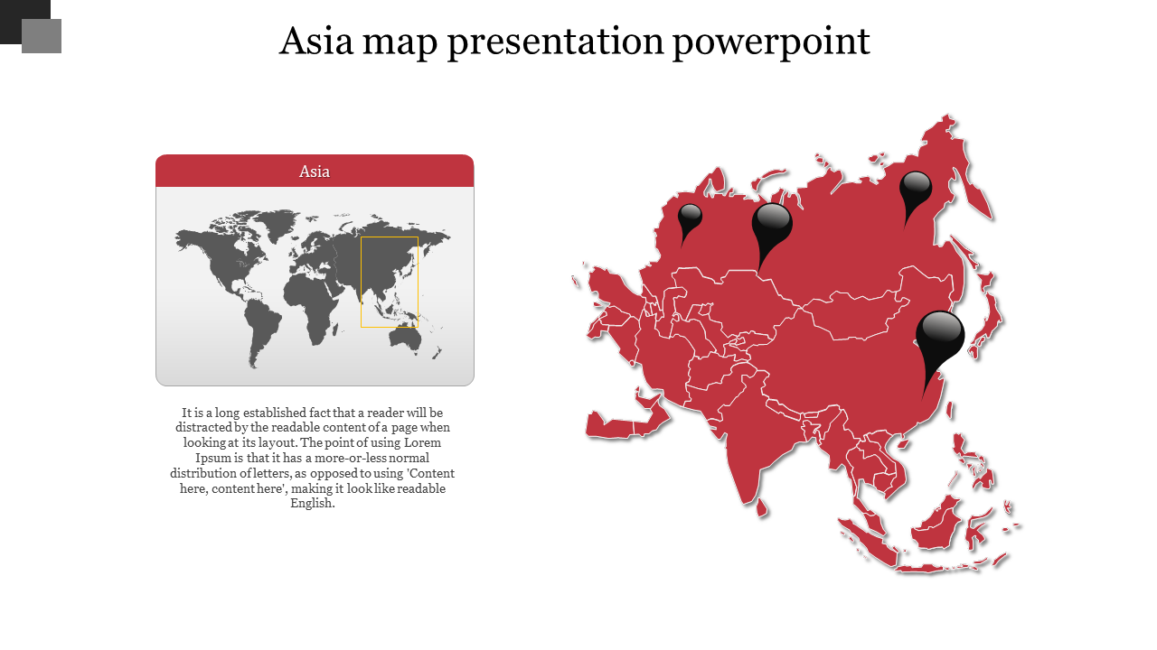 Slide featuring a red Asia map with four location markers, paired with a smaller global map highlighting the region.